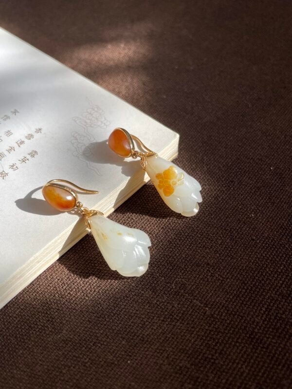 天然與田玉籽料玉蘭花耳墜 | 18K金鑲嵌 | 高雅白玉耳飾 | 氣質東方珠寶 - 图片 6